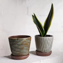THE PLANT SOCIETY All Planters Green Vertical Carved Wood Fired Planter By Sandra Bowkett