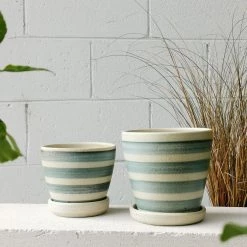 THE PLANT SOCIETY ONLINE OUTPOST Blue Horizontal Stripe Wood Fired Planters By Sandra Bowkett All Planters