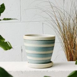 THE PLANT SOCIETY ONLINE OUTPOST Blue Horizontal Stripe Wood Fired Planters By Sandra Bowkett All Planters 9 THE PLANT SOCIETY ONLINE OUTPOST Blue Horizontal Stripe Wood Fired Planters By Sandra Bowkett All Planters